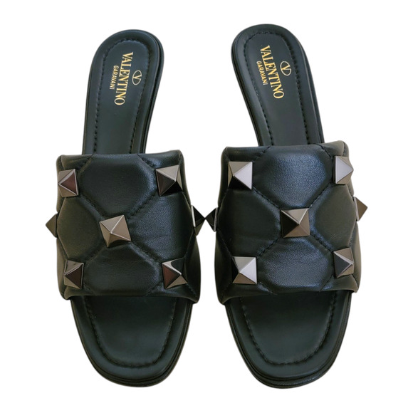 Valentino Rockstud Roman Stud Quilted Black Leather Slide Sandals Heel 8.5 38.5 - Picture 1 of 12
